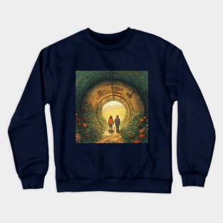 Tunnel of Love, Ukraine cartoon illustration. Back view of happy couple holding hands Crewneck Sweatshirt